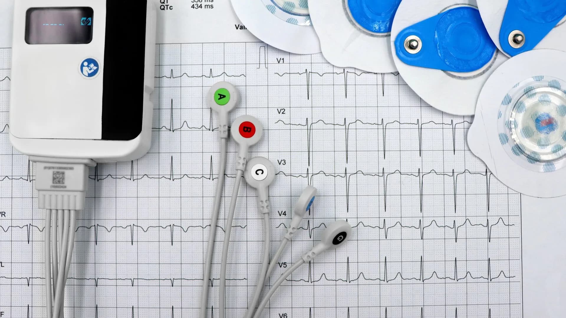 Rejestrator EKG z elektrodami na wydruku zapisu pracy serca